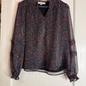 LOFT Paisley Print Sheer Blouse Size M Ruffle Sleeve Boho Long Sleeve Top